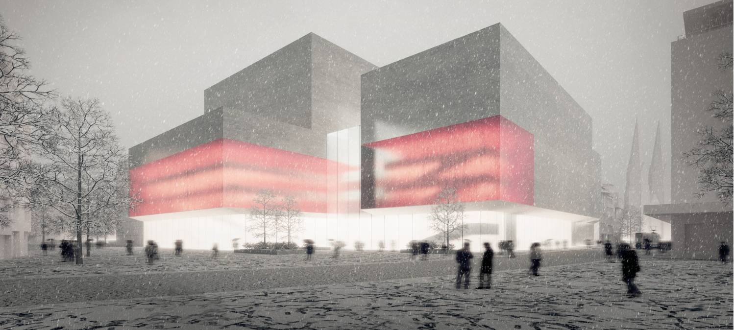 Idee für ein mögliches Opernhaus am Wehrhahn mit großem Gebäude und roter Beleuchtung.