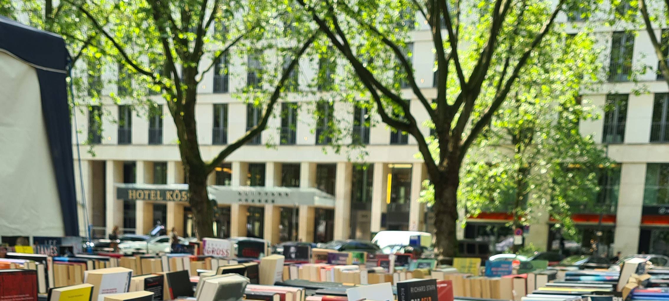 Bücher auf einem Stand des Bücherbummels auf der Königsallee.