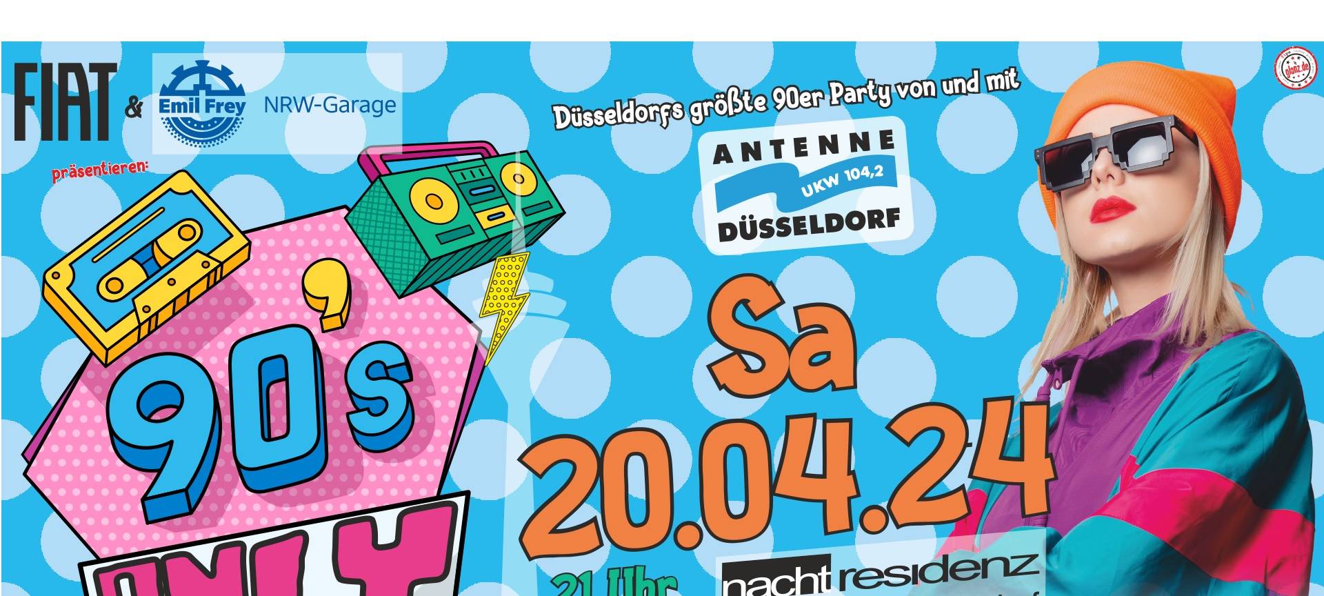 Das Info-Plakat zur großen 90er-Party im Rheinturm und der Nachtresidenz.