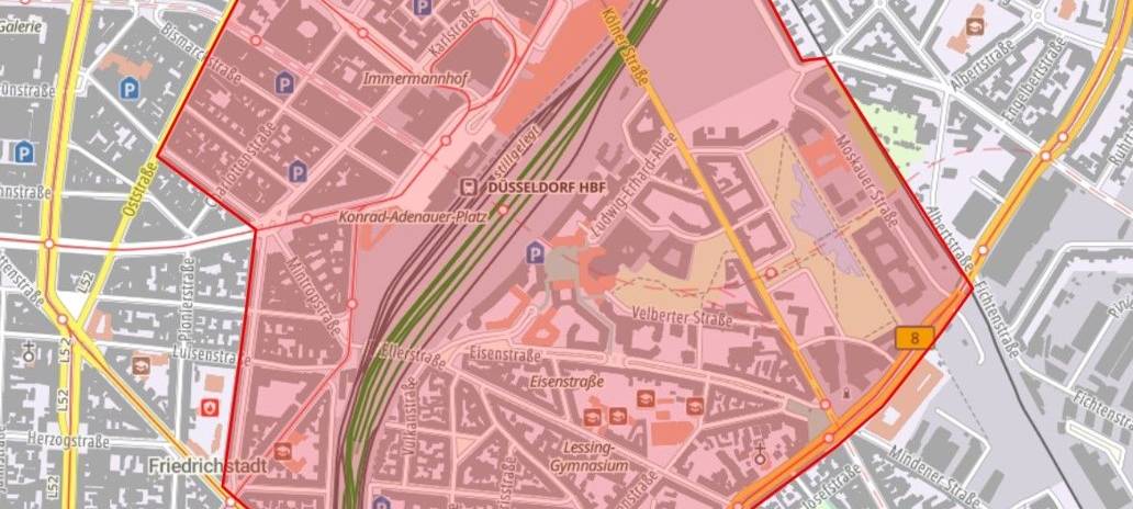 Der Bereich des Projekts "Sicherheit im Bahnhofsumfeld" ist in der Karte rot markiert.