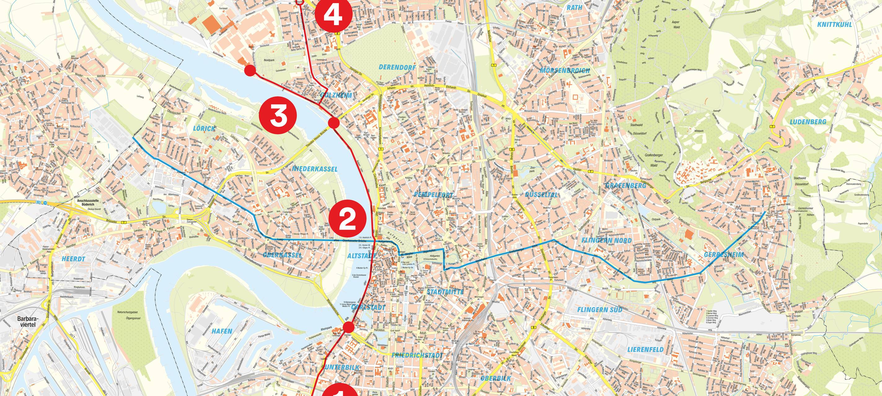 Die erste Radleitroute von Nord nach Süd ist auf einer Stadtkarte von Düsseldorf in roter Farbe eingezeichnet.