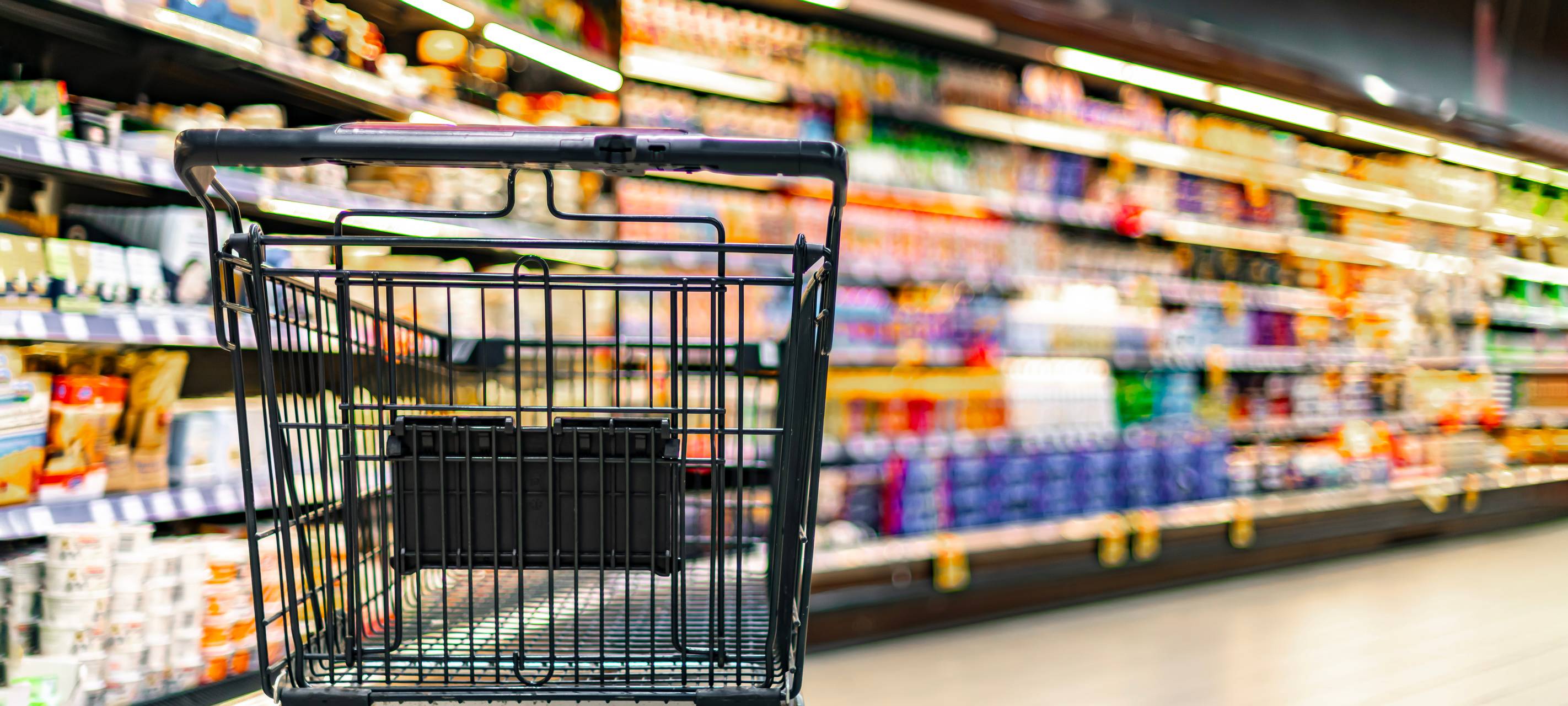 Ein leerer Einkaufswagen in einem Supermarkt. Im Hintergrund sind unscharf Regale zu erkennen.