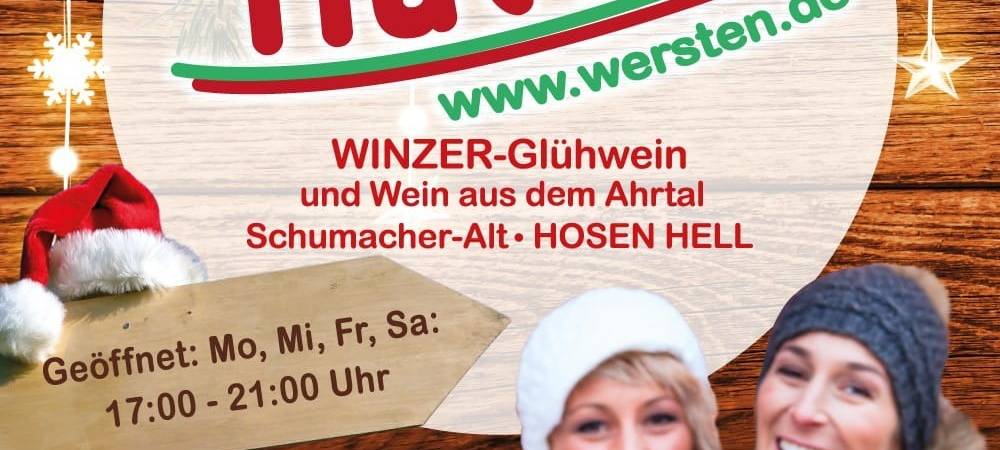 Stadtteil-Weihnachtsmärkte: Werbeplakat für die Glühweinhütte in Wersten.