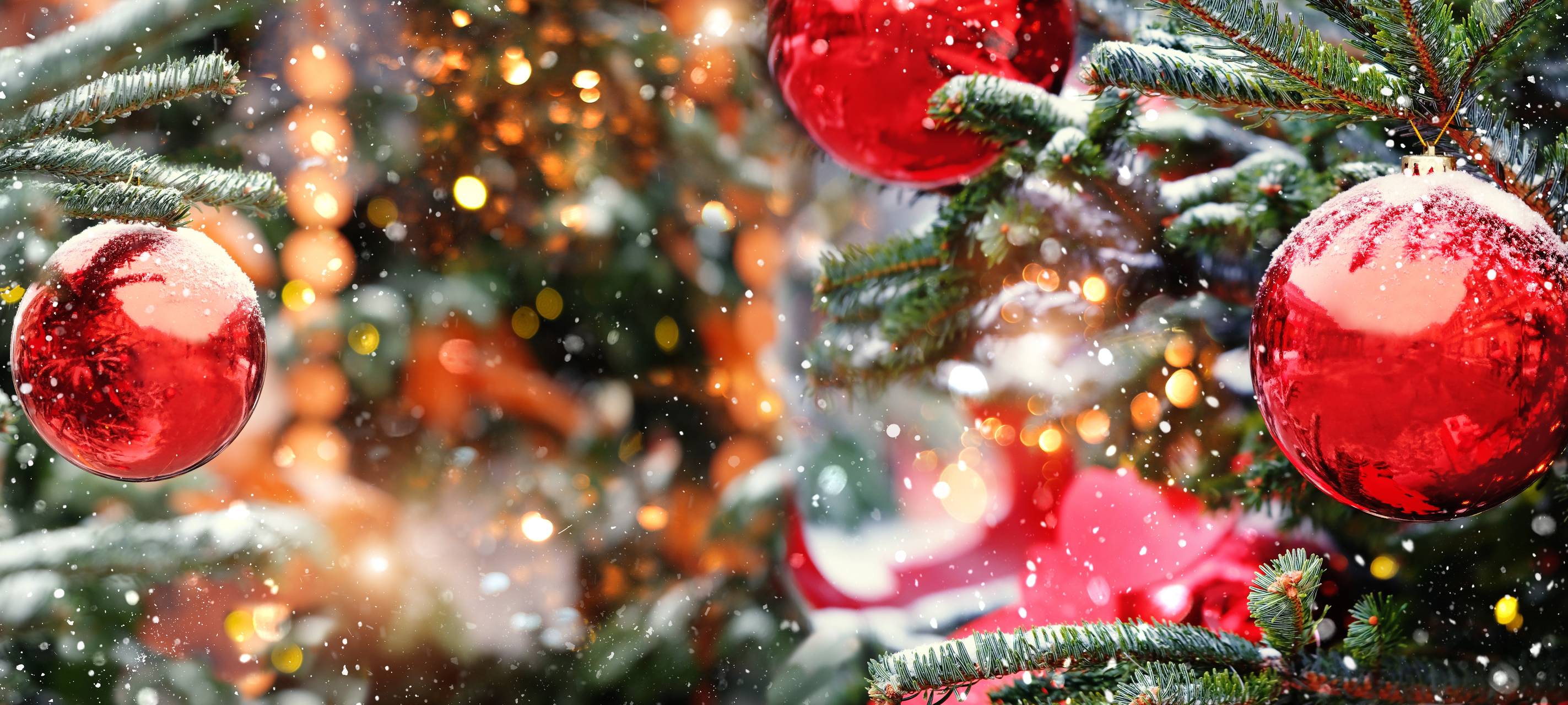 Rote Weihnachtskugeln an einem grünen Tannenbaum.