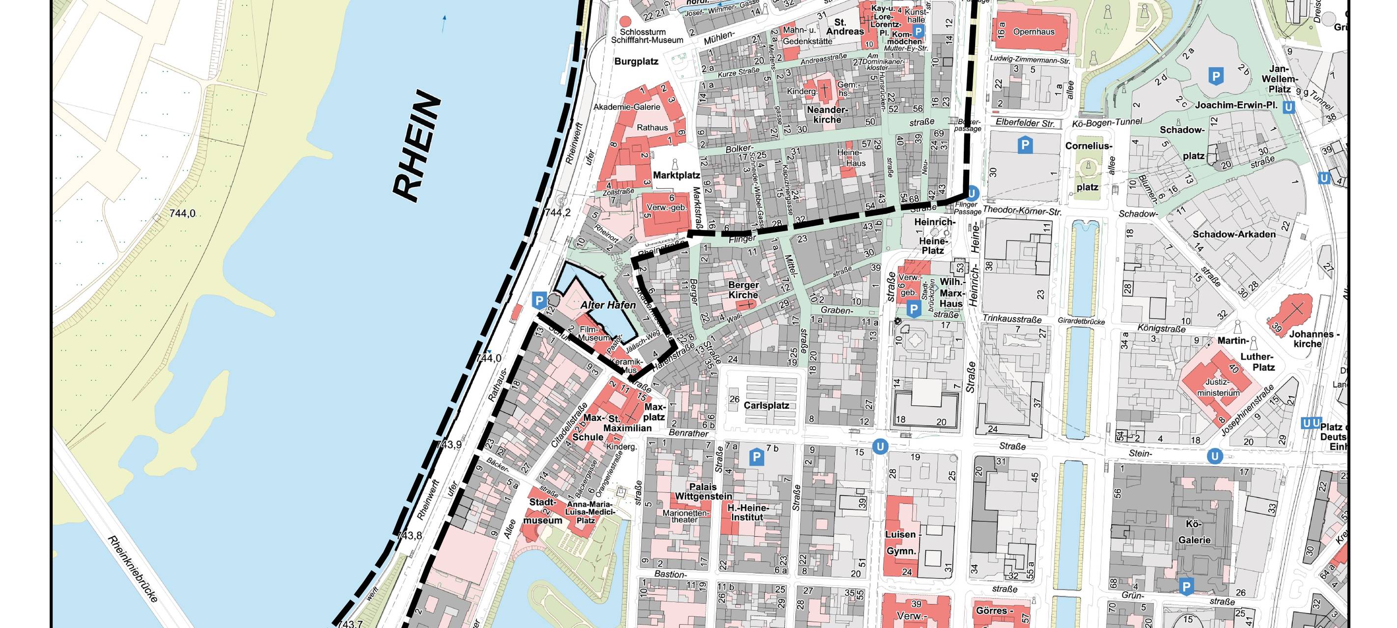 Kartenausschnitt der Düsseldorfer Altstadt. Eingezeichnet ist die Feuerwerkverbotszone in der Altstadt zu Silvester. Der Bereich geht vom Rhein auf der linken Seite in Richtung Innenstadt auf der rechten Seite.