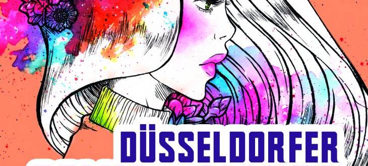 Im Profil gezeichnete Frau mit einem Blumenkranz und bunten Farbelementen auf der linken Seite. Oben Rechts eine ein Stern mit den Informationen zur Veranstaltung.