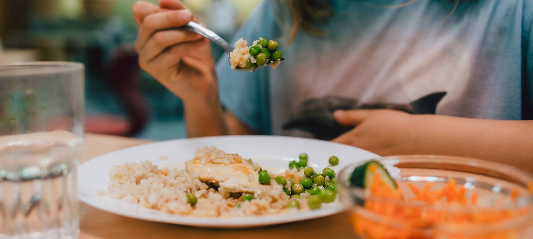 Eine Nahaufnahme zeigt eine junge Person, die eine gesunde Mahlzeit aus Reis, Hühnchen und Erbsen genießt, begleitet von frischen Karotten- und Gurkenscheiben sowie einem Glas Wasser auf dem Tisch.