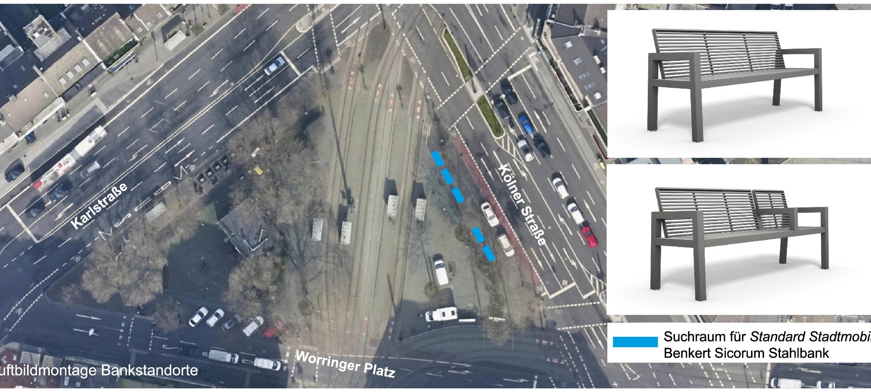 Visualisierung möglicher Standorte und Beispiele der neuen Bänke am Worringer Platz