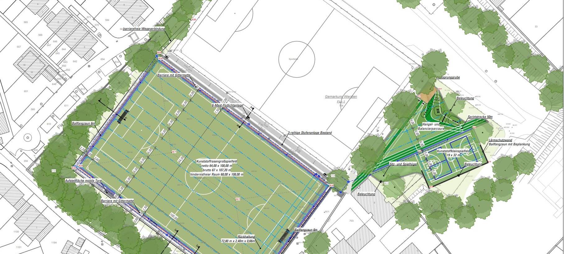 Eine farbige Skizze vom neuen Kunstrasenplatz auf der Sportanlage von Wersten 04. Die Skizze wurde aus der Perspektive von oben angefertigt.