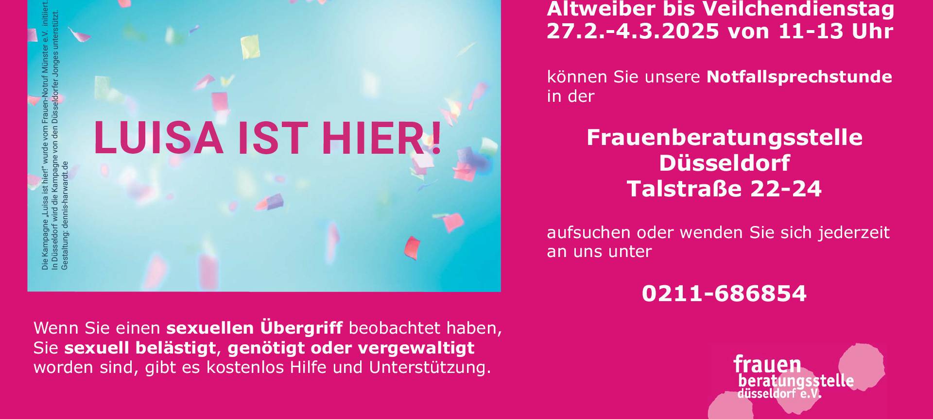 Ein Flyer der frauenberatungsstelle düsseldorf e.V. . Er weist auf die Aktion"Luisa ist hier" hin.