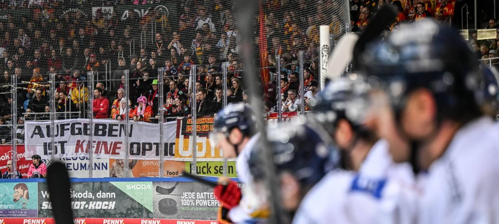 Spieler der DEG sitzen hinter der Bande. Im Hintergrund stehen Fans mit einem Banner. Darauf steht: "Aufgeben ist keine Option".