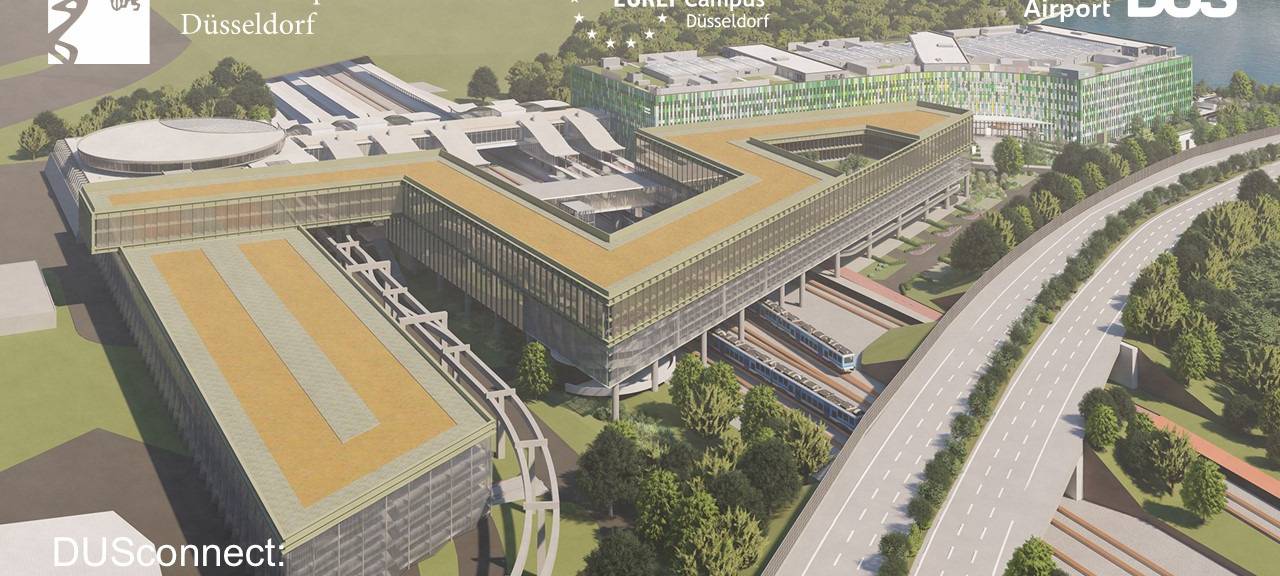 Animation mit dem erweiterten EUREF-Campus am Düsseldorfer Flughafen. Daneben befinden sich der Fernbahnhof und der Sky Train.