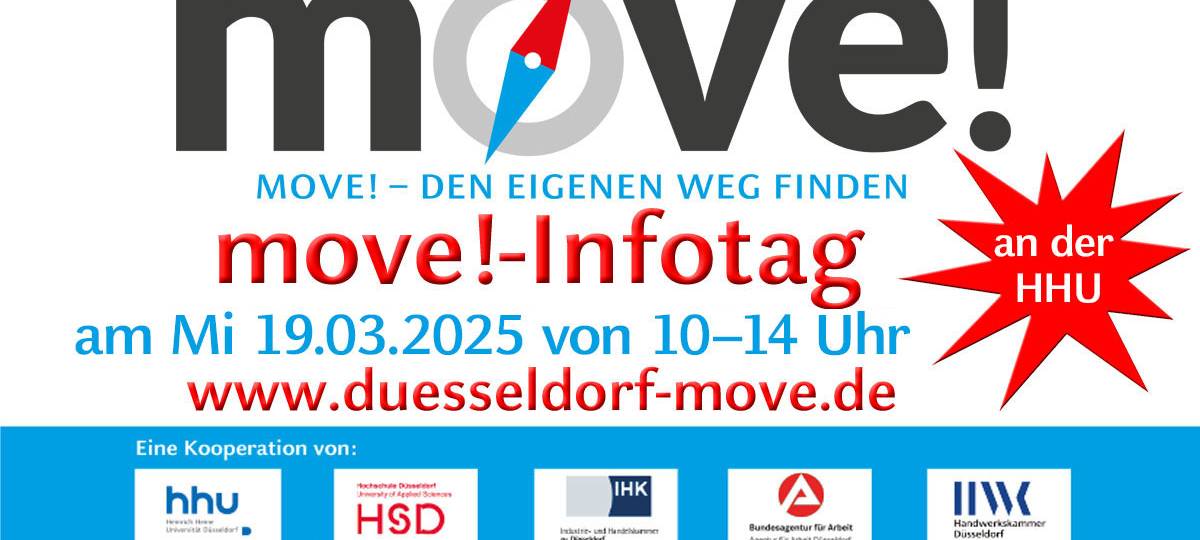 Info-Flyer zum move!-Infotag der Heinrich-Heine-Uni 2025. Im Fokus der HHU-Beratungsangebote am 19. und 25. März steht die Frage, wie man mit den Zweifeln umgeht und diese sogar als Chance begreift.