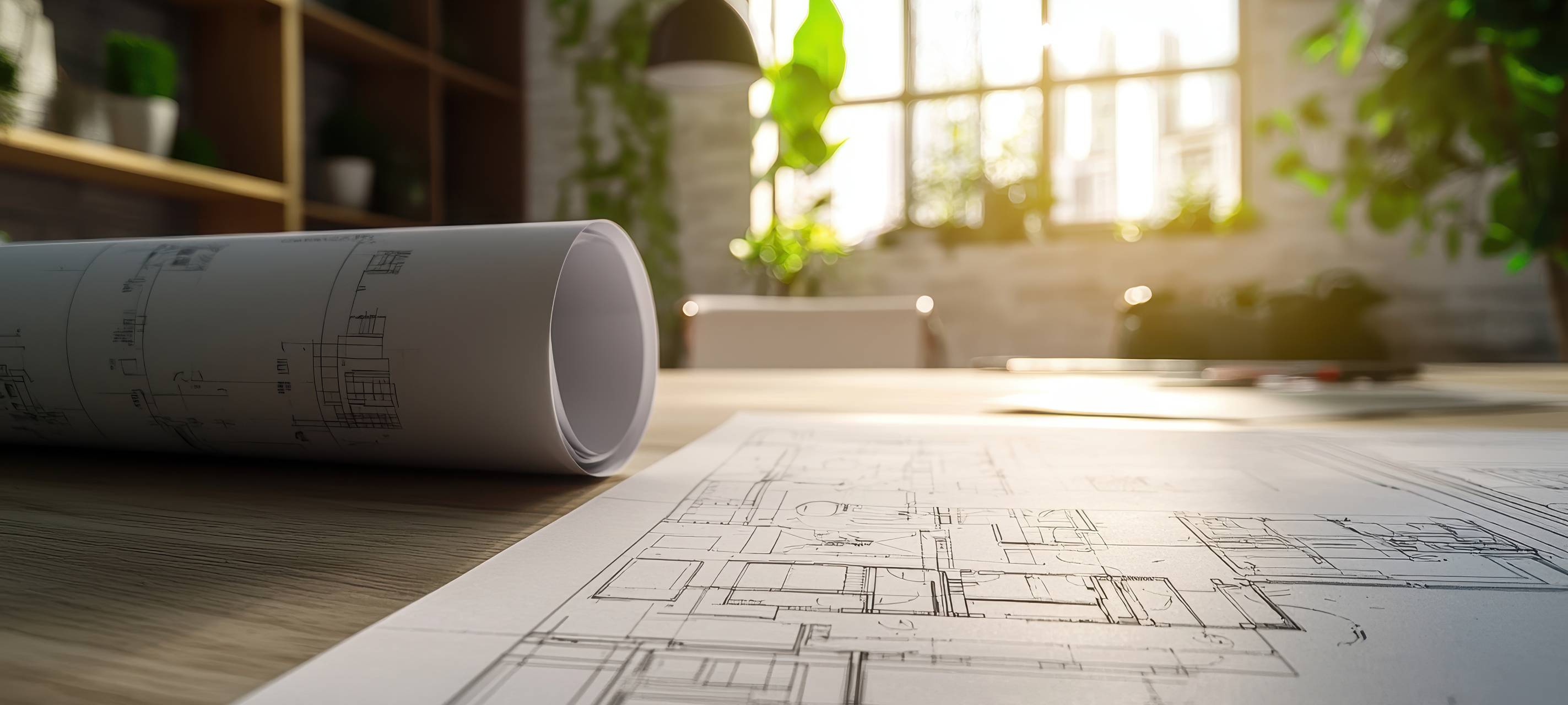 Architektenrollen und Architekturplan mit technischen Projektzeichnungen, die eine professionelle Planungs- und Gestaltungsumgebung hervorheben.