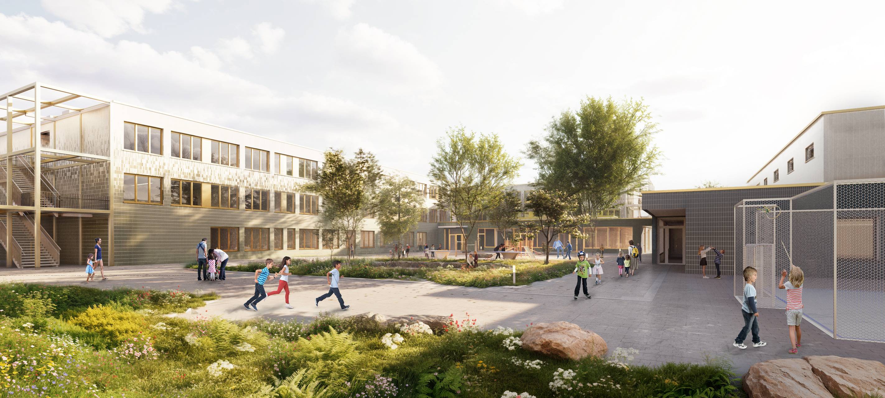 Projektentwurf: Kinder auf einem Schulhof, der zwischen drei Gebäudeteilen liegt, im Vordergrund eine Grünanlage.
