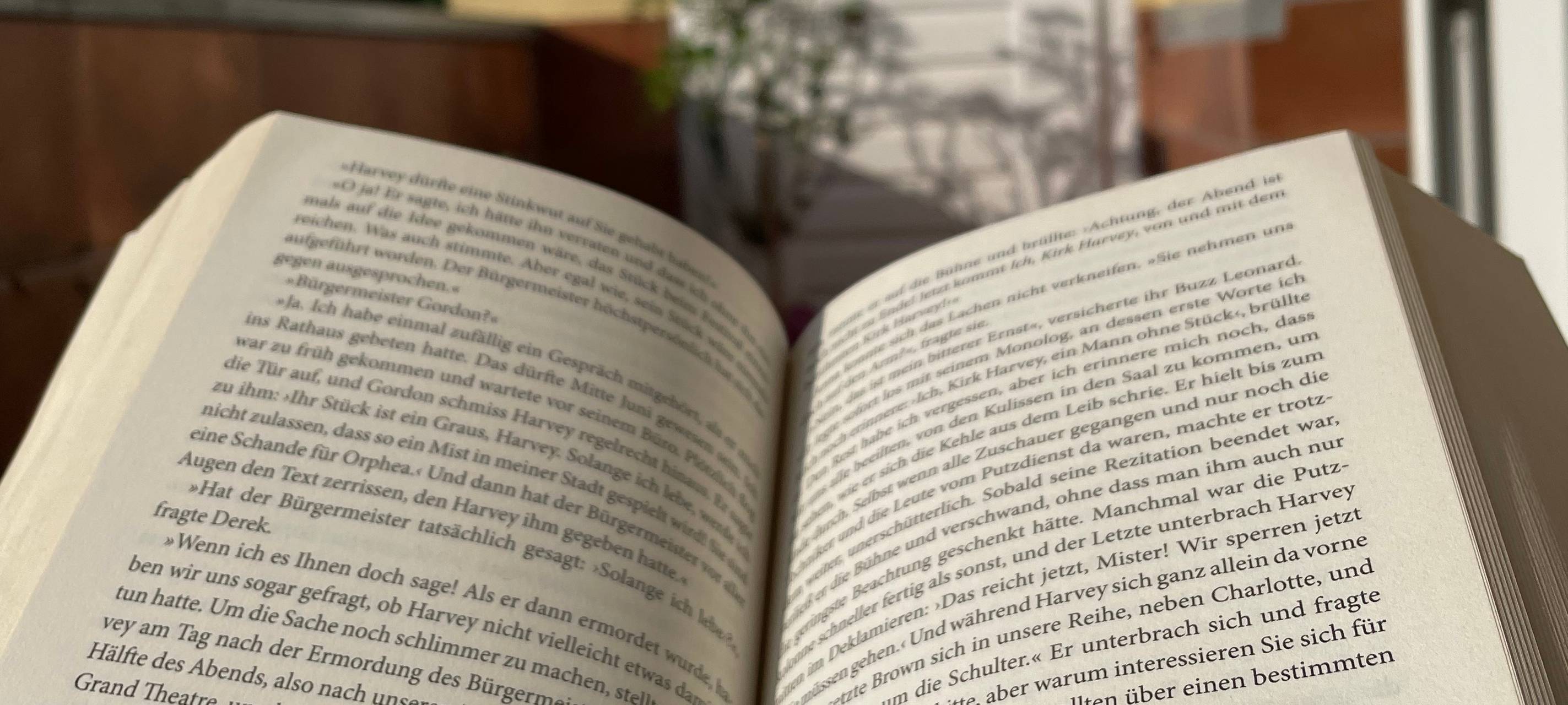 Ein aufgeschlagenes Buch. Im Hintergrund ist ein Balkon zusehen, mit einer weißen Tür und einer gelben Wand.