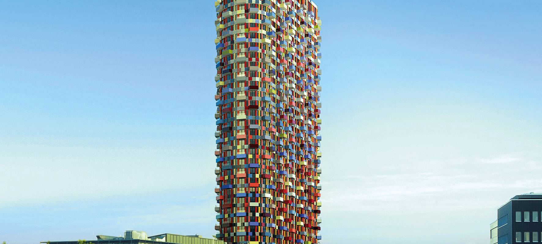 Visualisierung des geplanten "Phönix Tower" am Mörsenbroicher Ei mit seinen bunten Balkonen. Er soll rund 120 Meter hoch werden und wäre damit Düsseldorfs höchstes Wohngebäude.