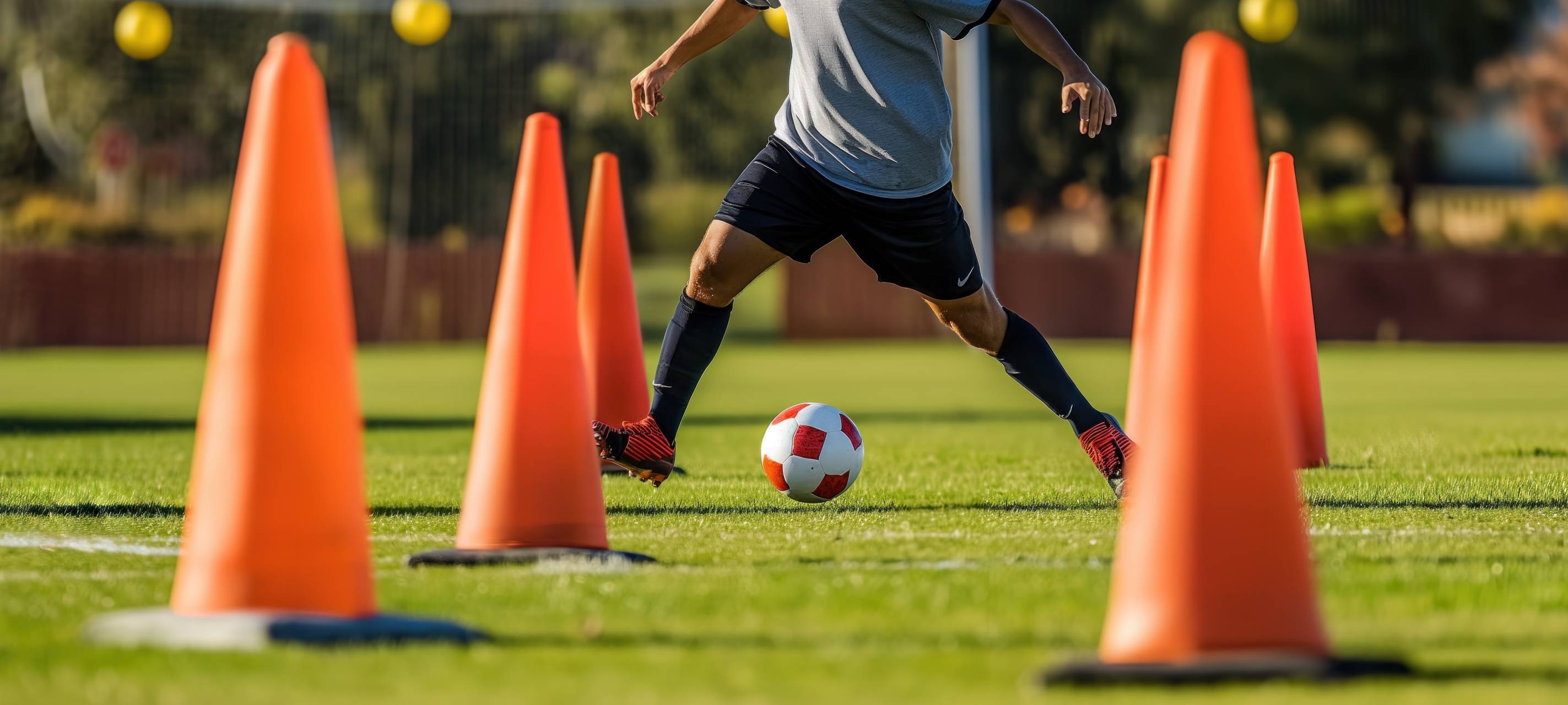 Ein Fußballer beim Training. Er umkurvt mit einem Ball orange Hütchen.