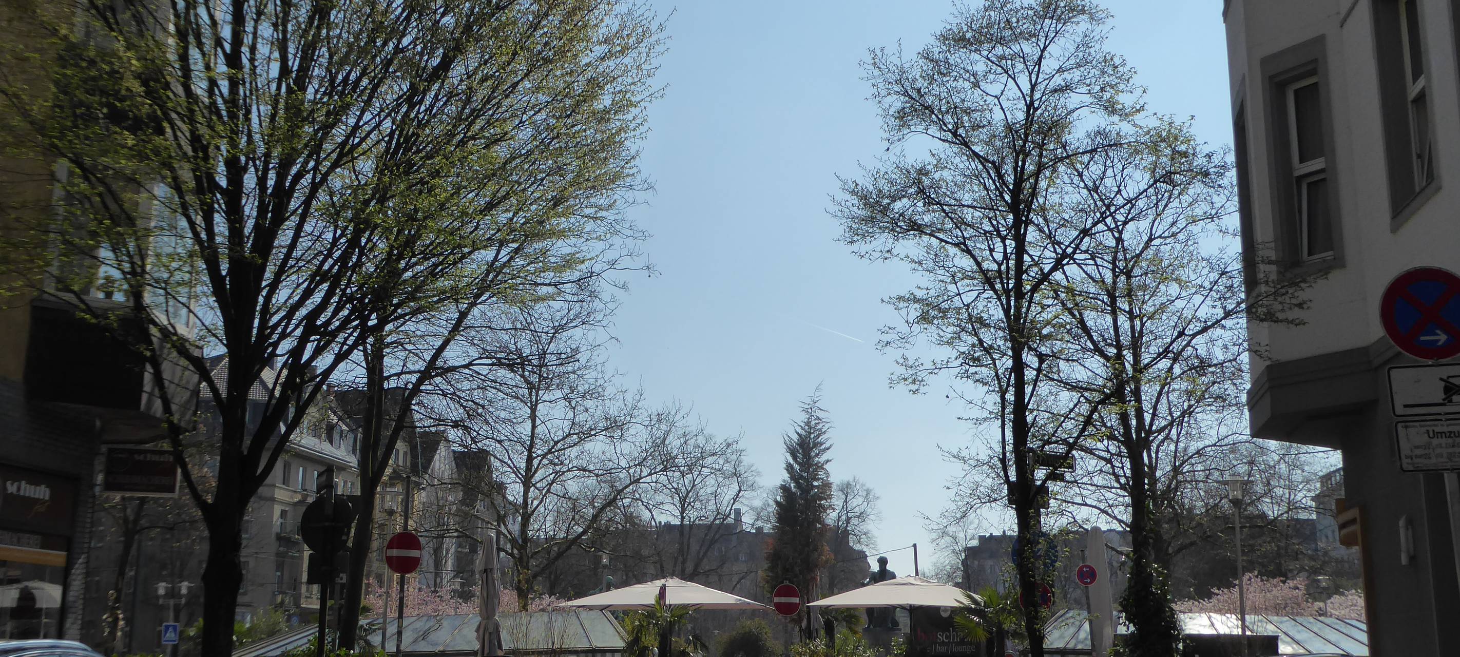 Bäume, links und rechts Häuser, eine Sitzecke mit Sonnenschirmen, viel blauer Himmel