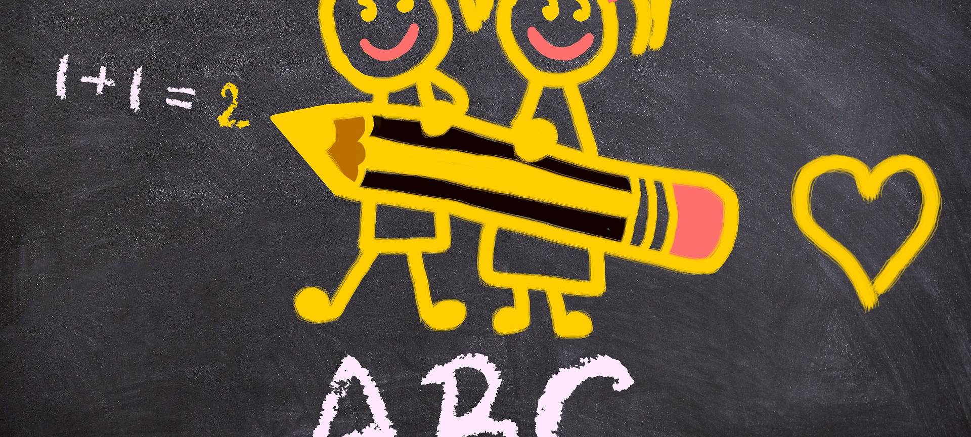 Zwei Kleinkinder halten einen gelben Stift, dazu ein gelbes Herz