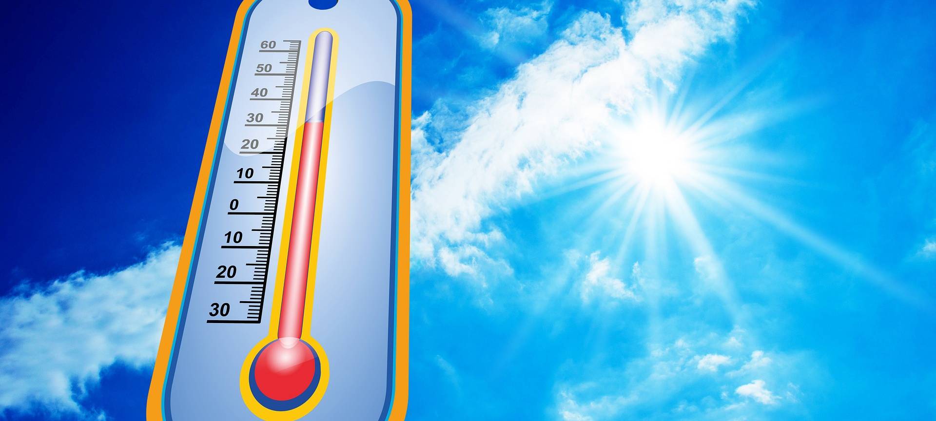 Ein Thermometerzeigt hohe Temperaturen an. Die Sonne brennt von einem blauen Himmel.