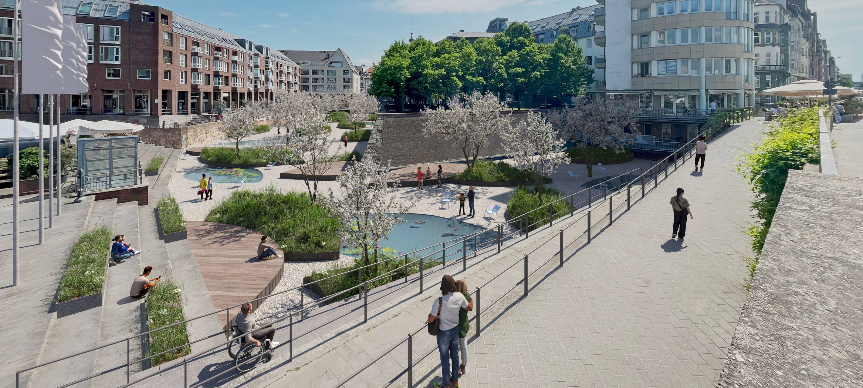 Eine Visualisierung vom neugestalteten alten Hafen" mit Grünflächen, Wasserflächen und Holzplattformen.