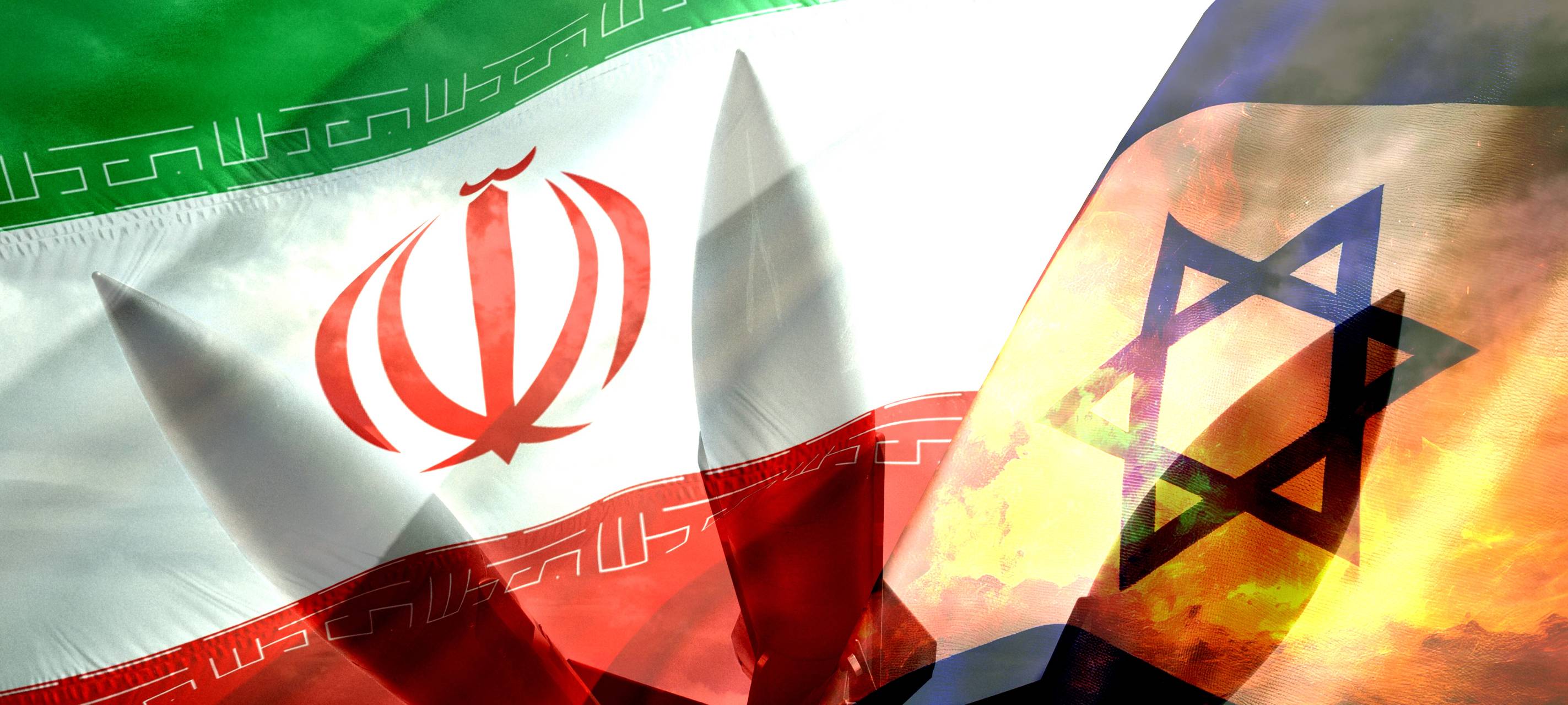 Raketen und Flaggen von Israel und Iran