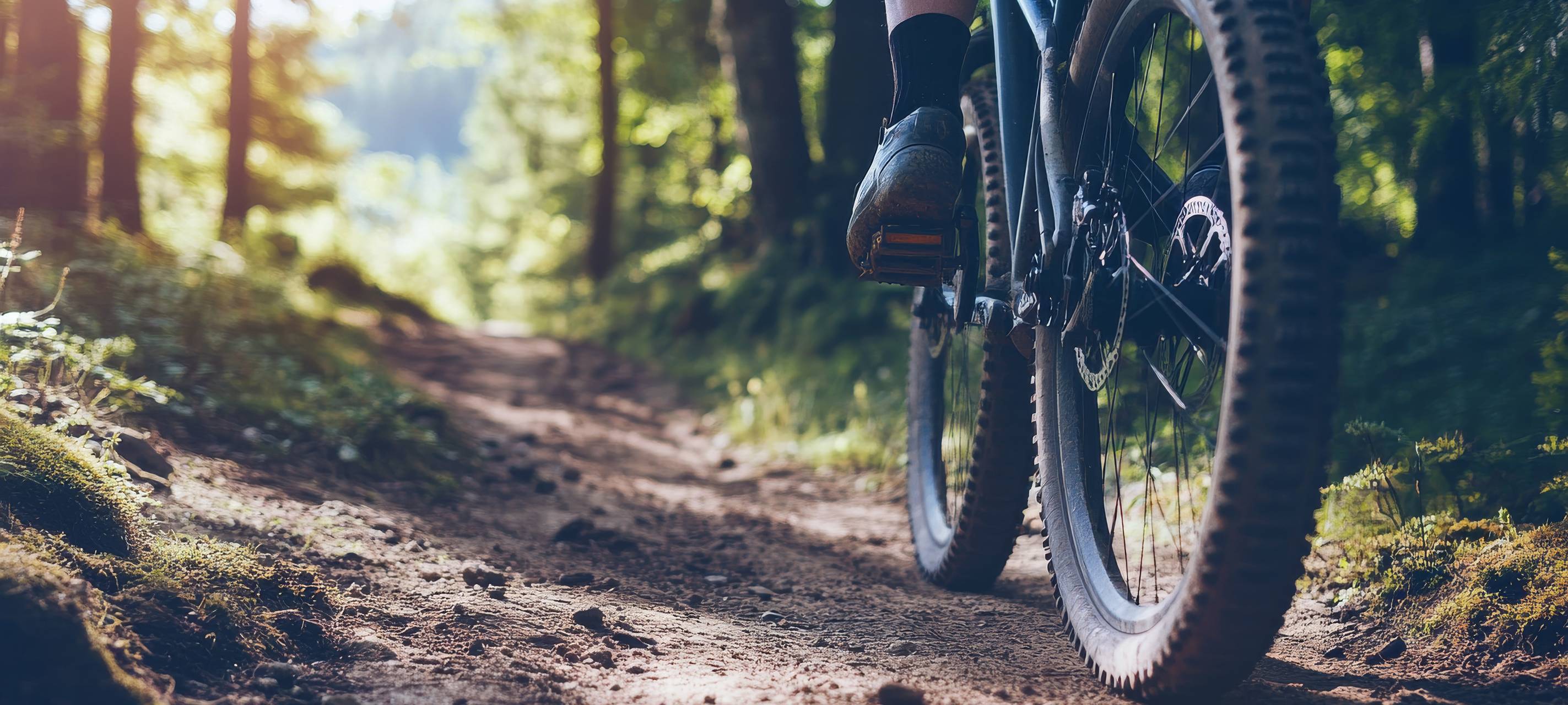 Eine Mountainbike-Strecke mit Fokus auf den Wegmarkierungen, in einer Outdoor-Umgebung mit bewaldeten Hügeln.