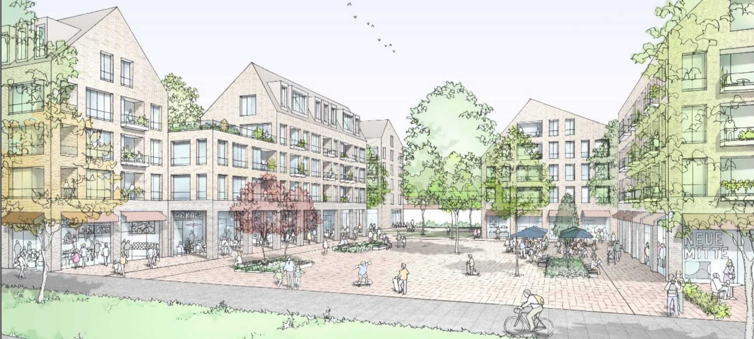 Ein begrünter Platz, auf dem einige Menschen zu Fuß oder mit dem Fahrrad unterwegs sind, drum herum Häuser