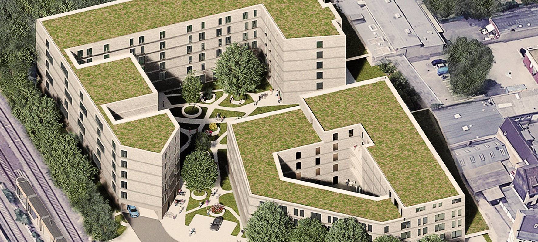 Luftaufnahme eins Entwurfs des geplanten Wohngebiets in Oberbilk an der Emmastraße.