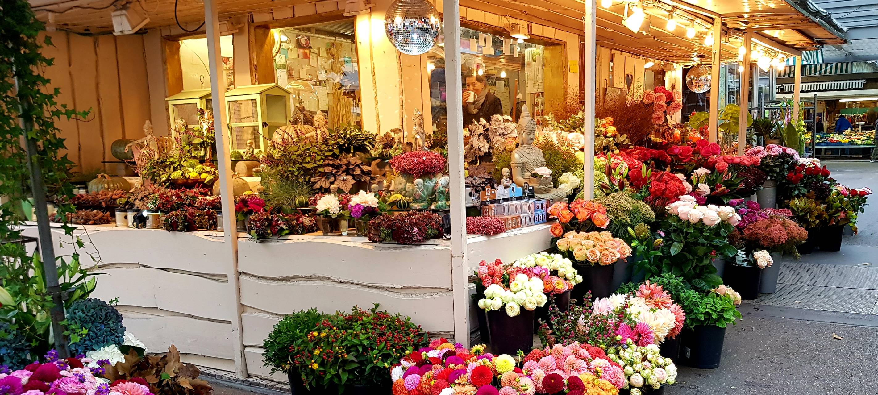 Ein Blumenhändler auf dem Carlsplatz präsentiert seine bunten Waren.