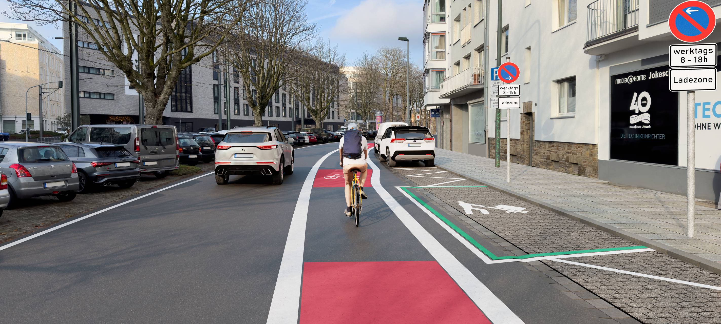 Animation, auf der zu sehen ist, wie ein Radfahrer in Zukunft über die neue Rad-Leitroute fahren wird. Im Bild zu sehen ist der Radweg auf der Hansaallee neben parkenden und fahrenden Autos.