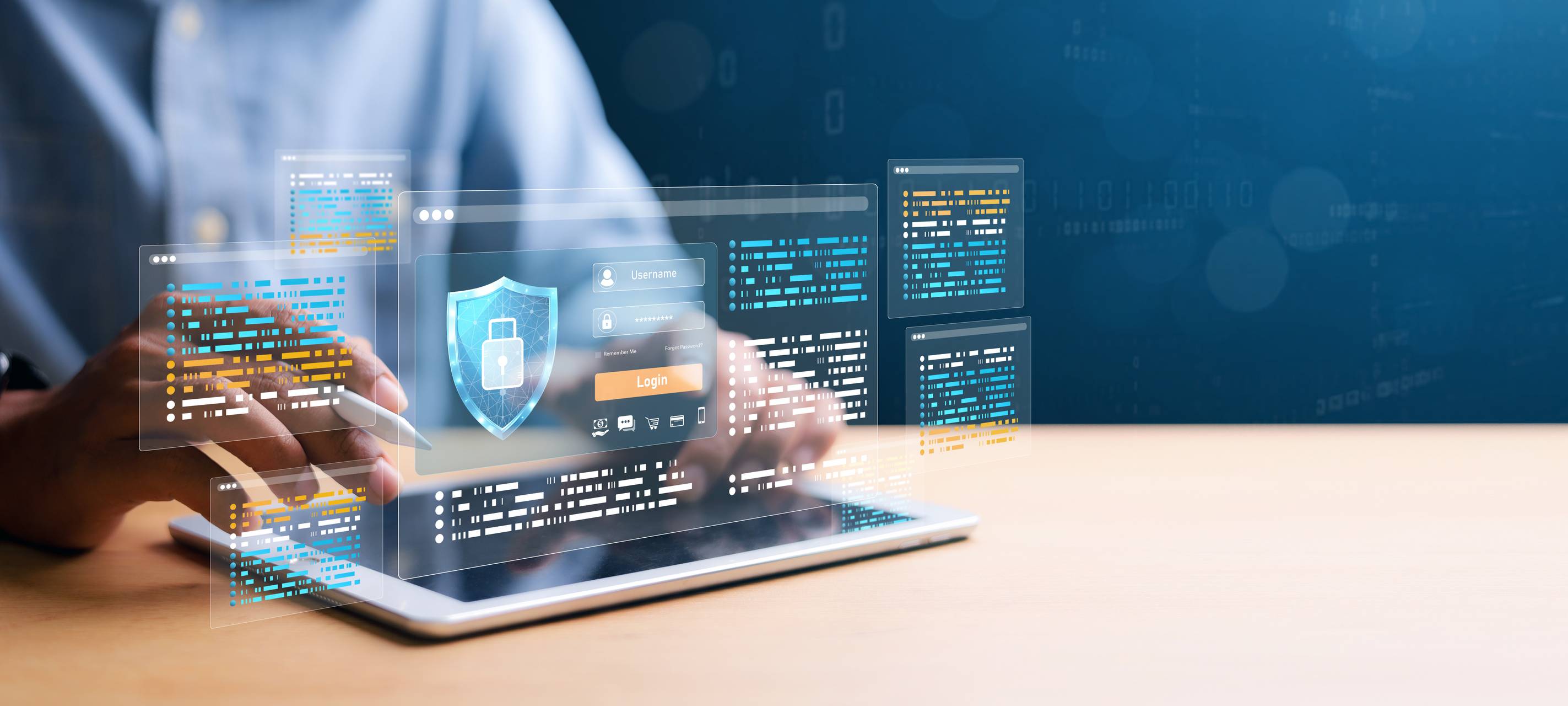 Symbolische Darstellung von Cyber-Sicherheit, Login, Benutzer, Verschlüsselung und sicherem Zugriff auf persönliche Daten.