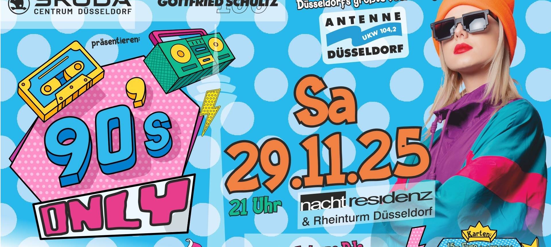 Ein Flyer, der auf die nächste 90er-Party von Antenne Düsseldorf hinweist.