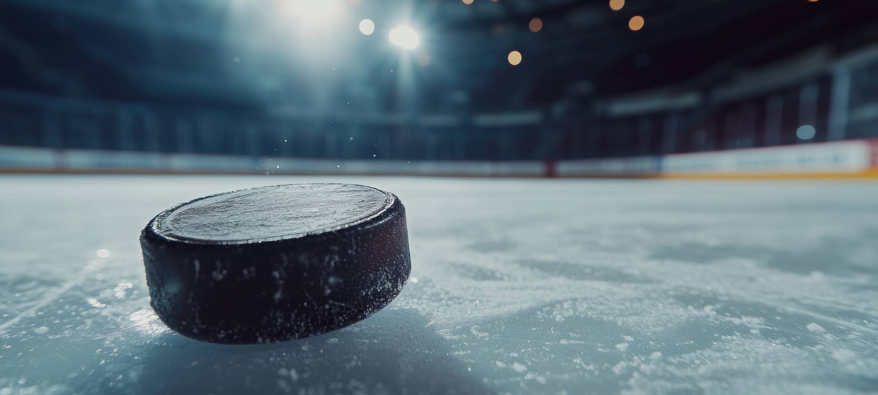 Ein Eishockey-Puck fliegt über das Eis.