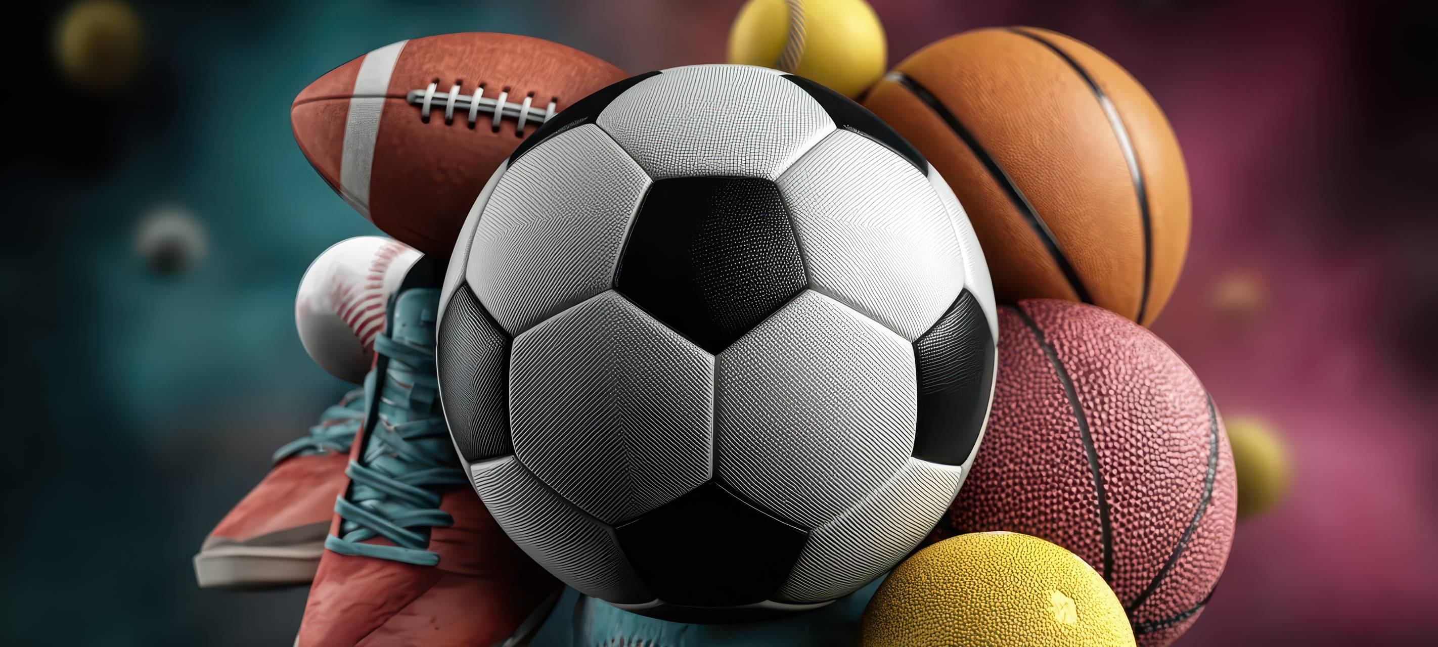 Mischung aus verschiedenen Sportelementen mit lebendigem Hintergrund, Fußball im Zentrum