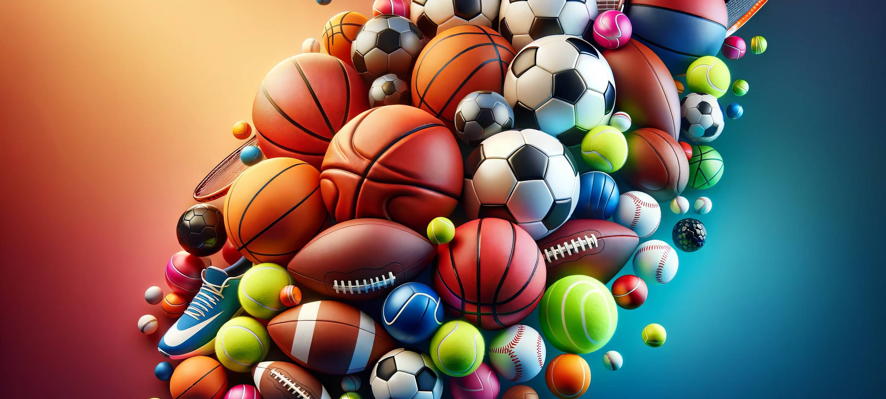 Bunte Auswahl verschiedener Sportbälle in Bewegung.