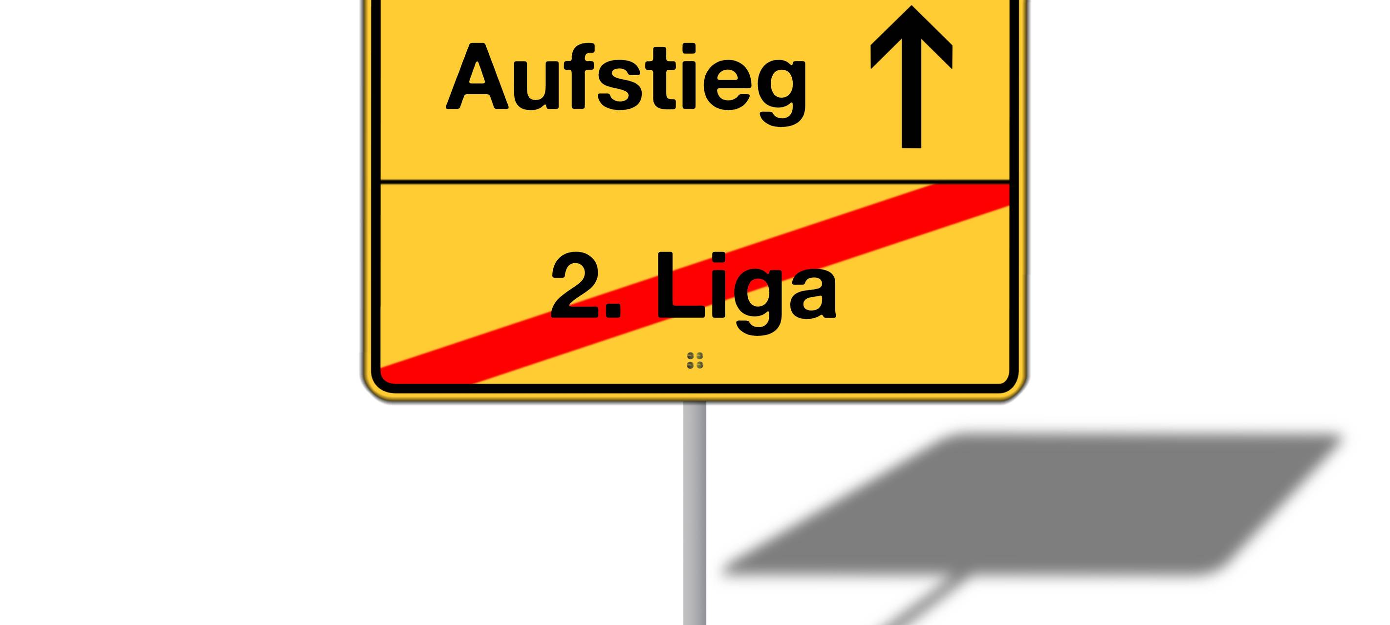 Verkehrsschild, dass den möglichen Aufstieg von Liga 2 in Liga 1 symbolisiert.