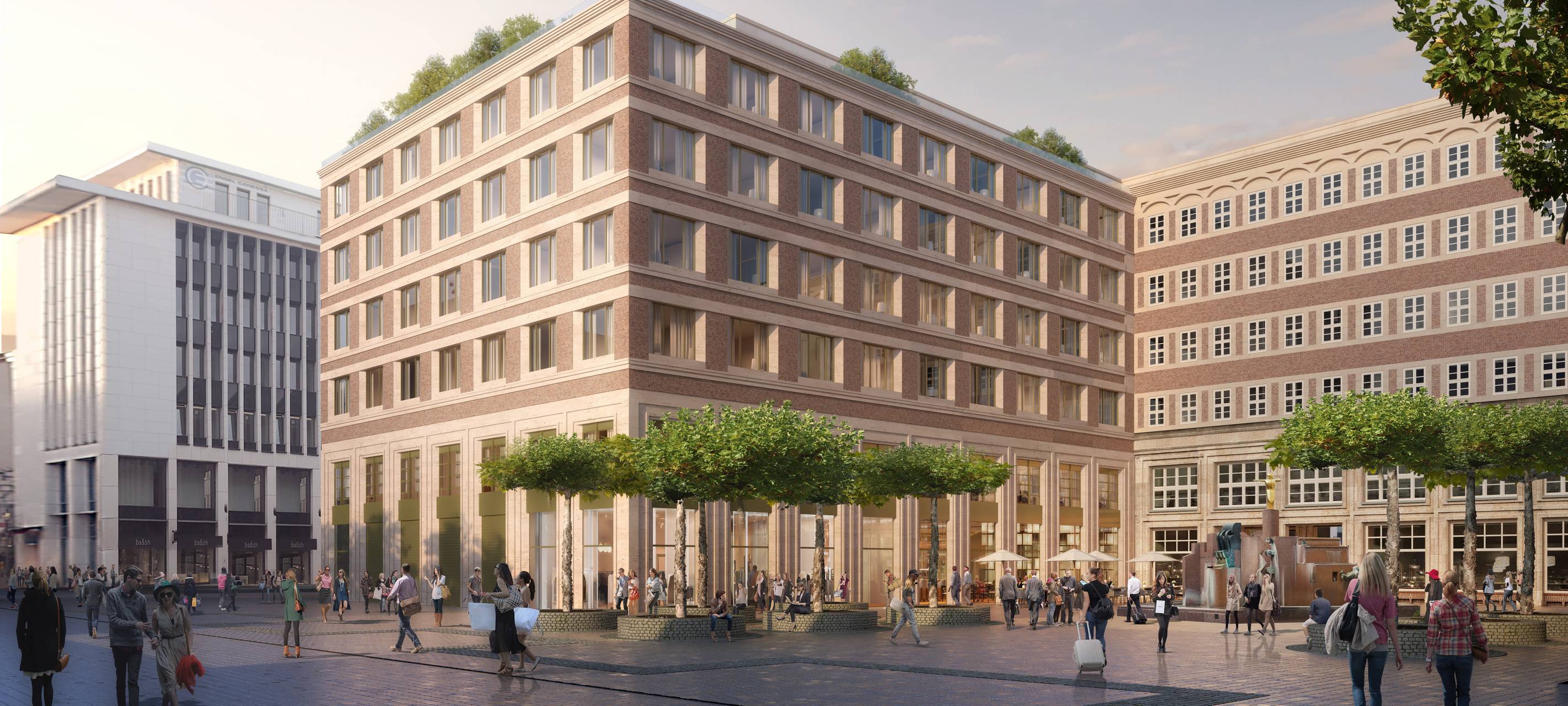 Eine Visualisierung eines neuen Luxushotels auf der Kasernenstraße. Im Vordergrund ist ein öffentlicher Platz. Im Hintergrund steht ein Gebäude mit Hotelzimmern.