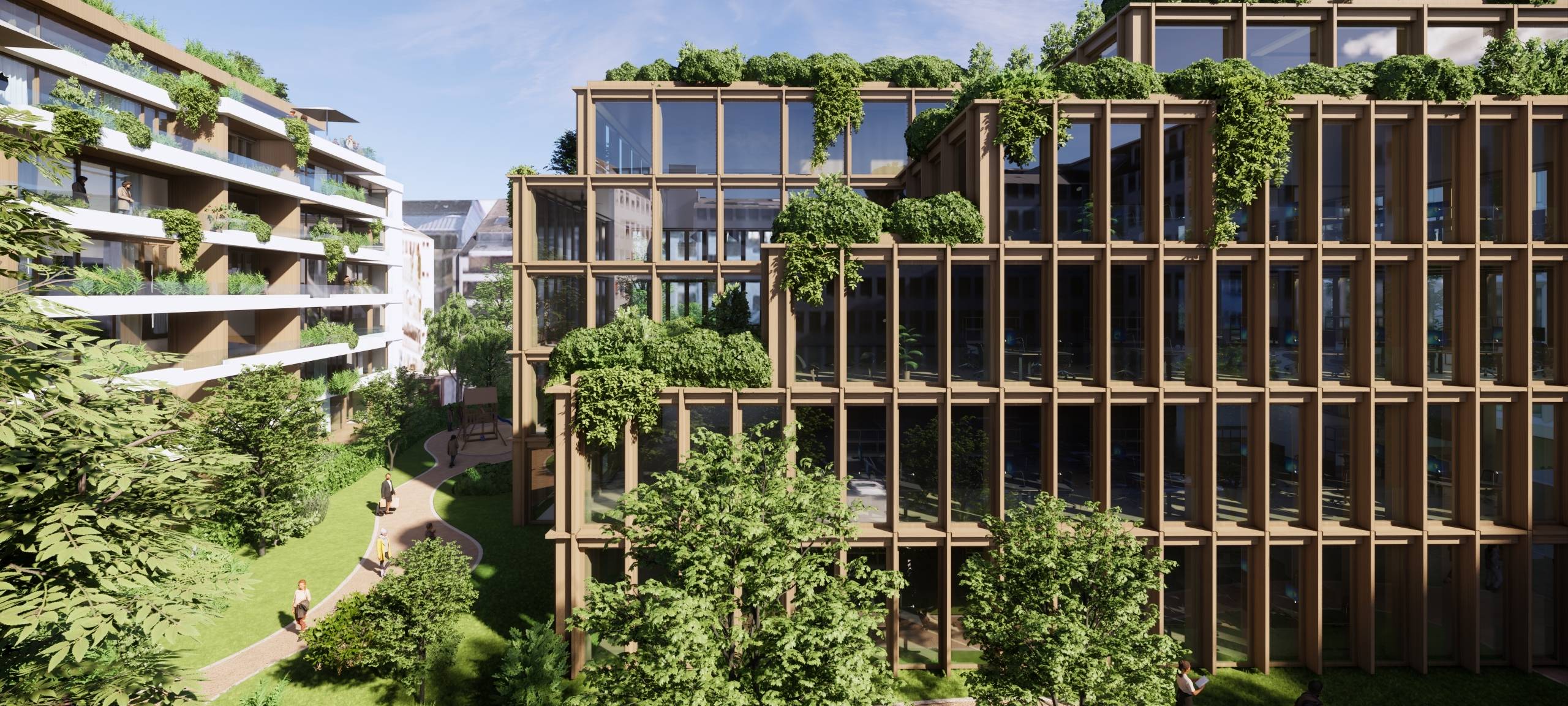 Eine Visualisierung eines geplanten Stadtquartiers am Hofgarten. Mehrere moderne, begrünte Gebäude mit viel Fensterfläche stehen in einer grünen Umgebung