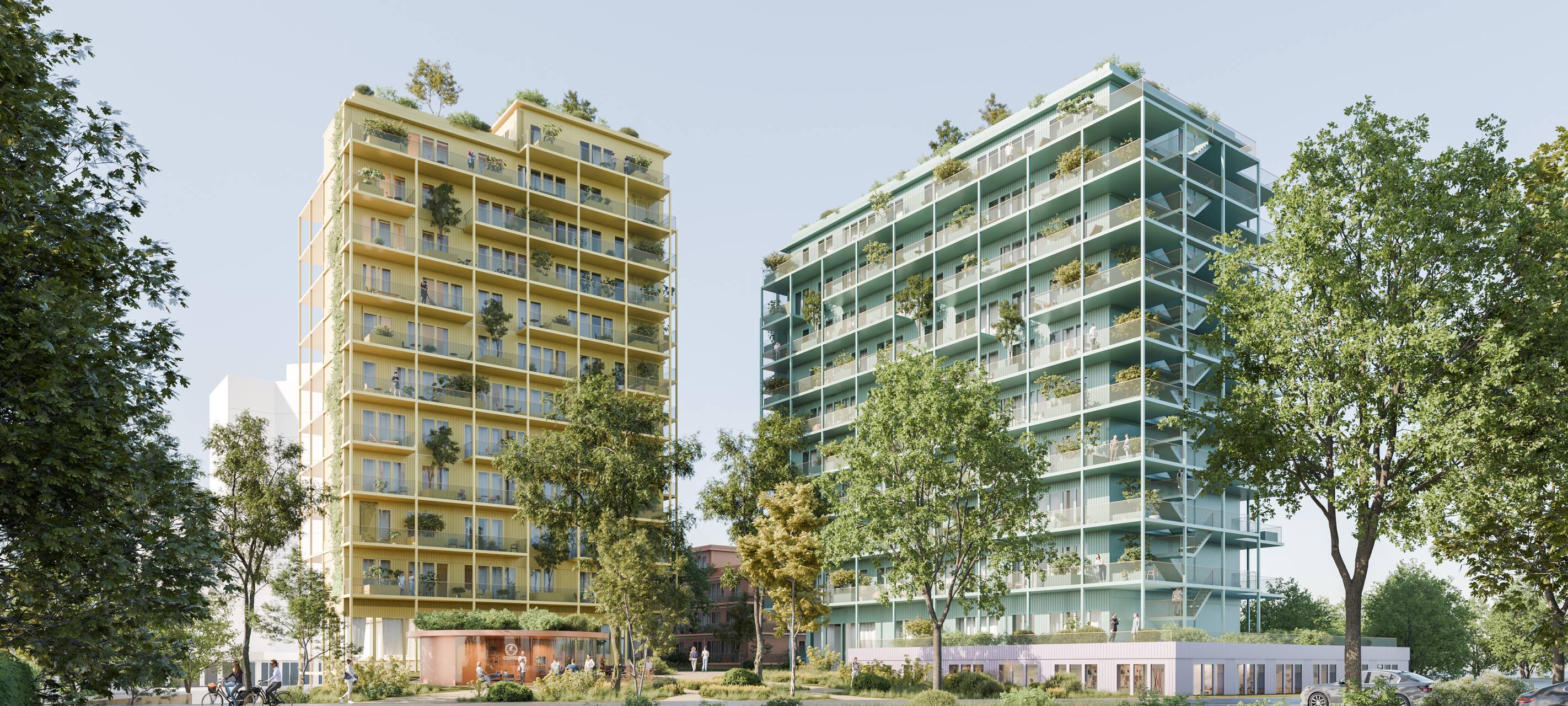 Eine Visualisierung von mehreren Hochhäuser mit einigen Wohnungen. Im Vordergrund ist ein Parkplatz mit einigen Bäumen.