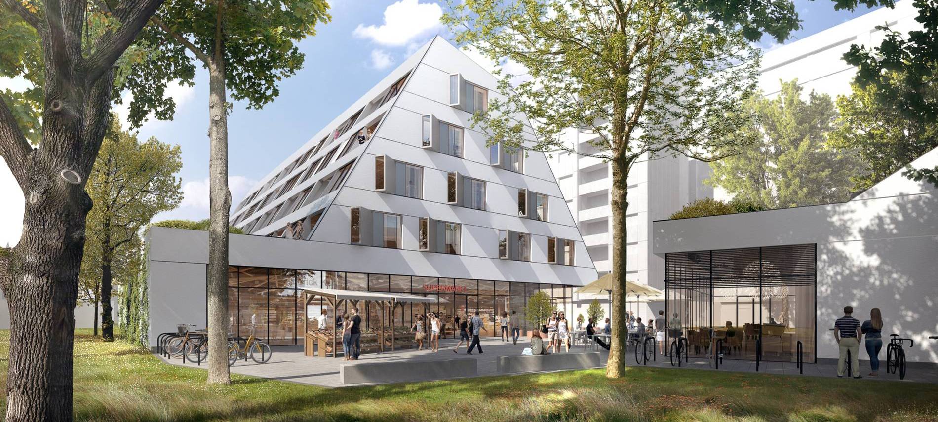 Eine Visualisierung eines geplanten Stadtteilquartiers in Lörick. Ein weißer Gebäudekomplex mit einer Mischung aus Wohn- und Gewerbeflächen.