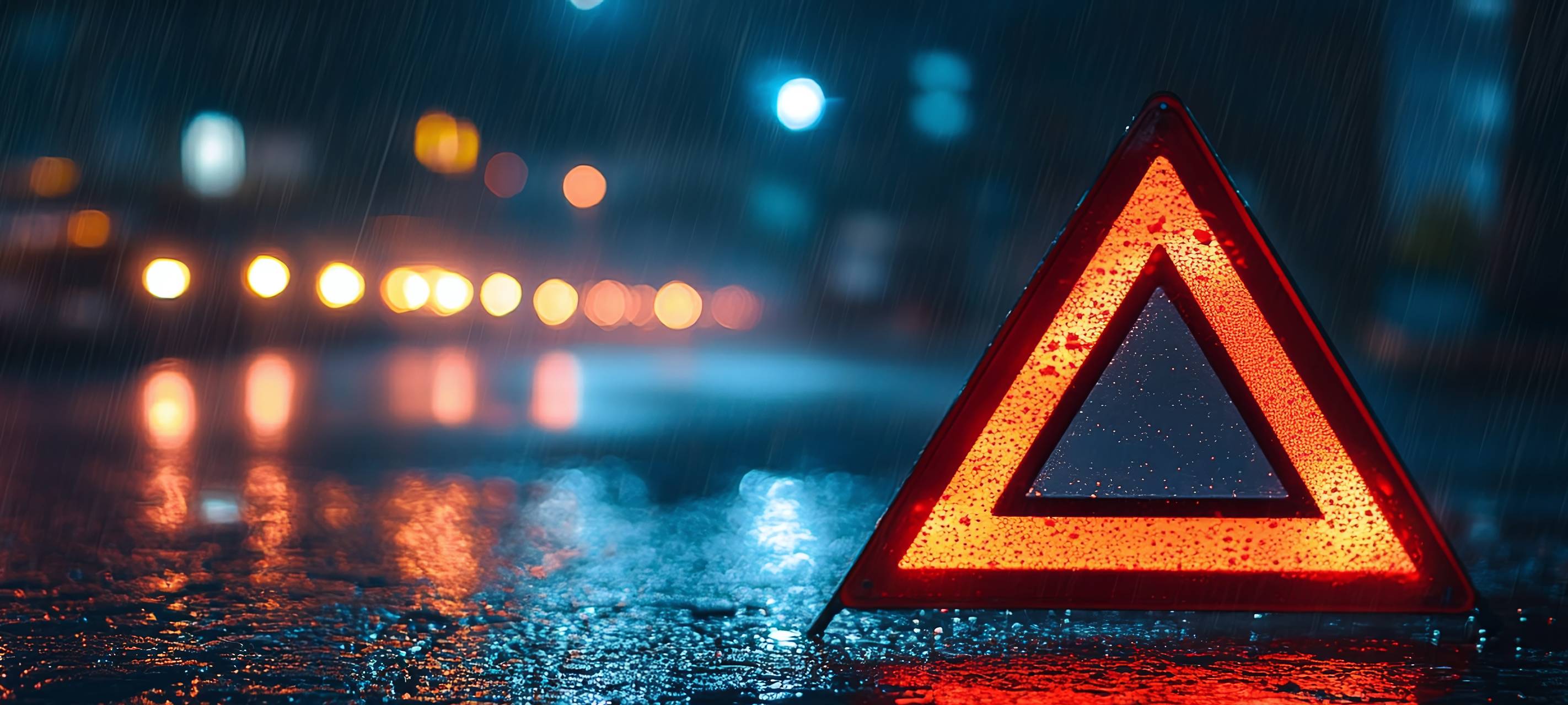 Rotes Warndreieck, das sich bei Nacht im nassen Asphalt spiegelt
