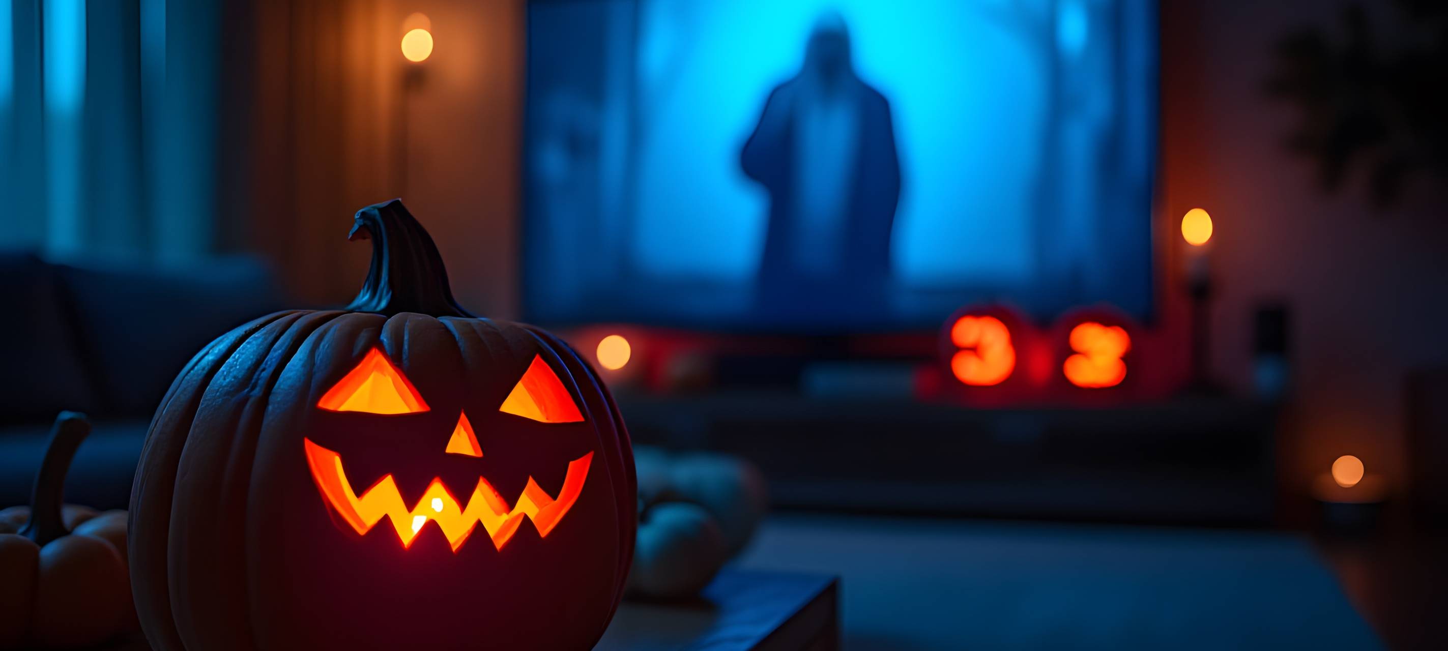 Gruseliger Halloween-Abend: Ein Jack O’Lantern-Kürbis sitzt im Dunkeln und schaut einen Horrorfilm im Fernsehen.