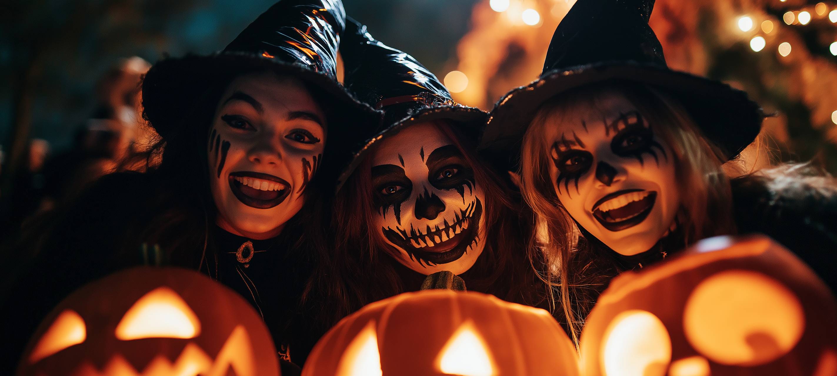 Bunte Halloween- und Día de los Muertos-Gesichtsfarben auf einem Festival: Menschen mit kunstvollem Make-up, festlichen Kostümen und leuchtender Totenkopf-Gesichtsbemalung feiern in einer lebhaften, kulturellen Party-Atmosphäre.