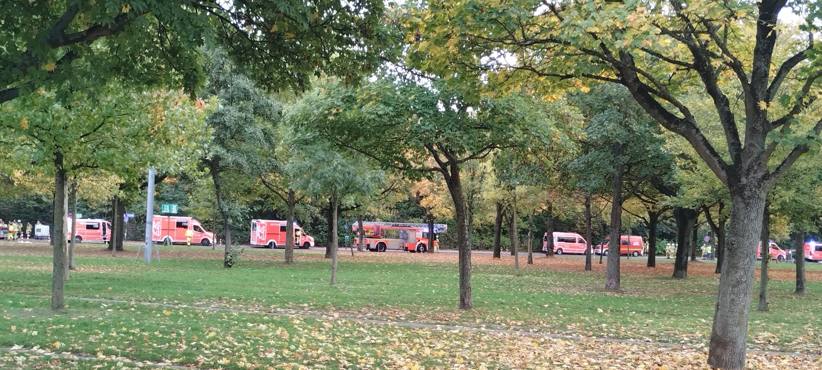 Mehrere Einsatzwagen der Feuerwehr stehen hinter einer Reihe von Bäumen.