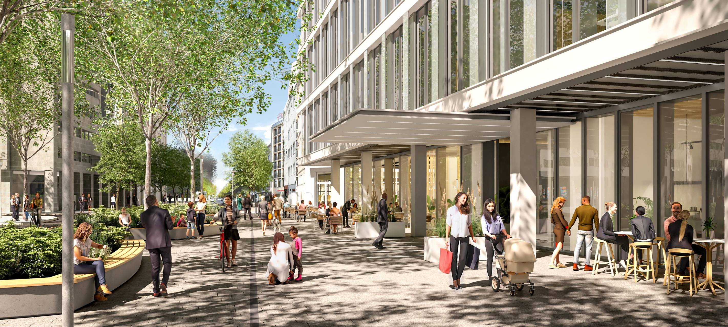 Visualisierung der neuen südlichen Königsallee. Am "KöTower" soll viel Grün und eine Verbindung zur Friedrichstraße/Friedrichstadt entstehen.
