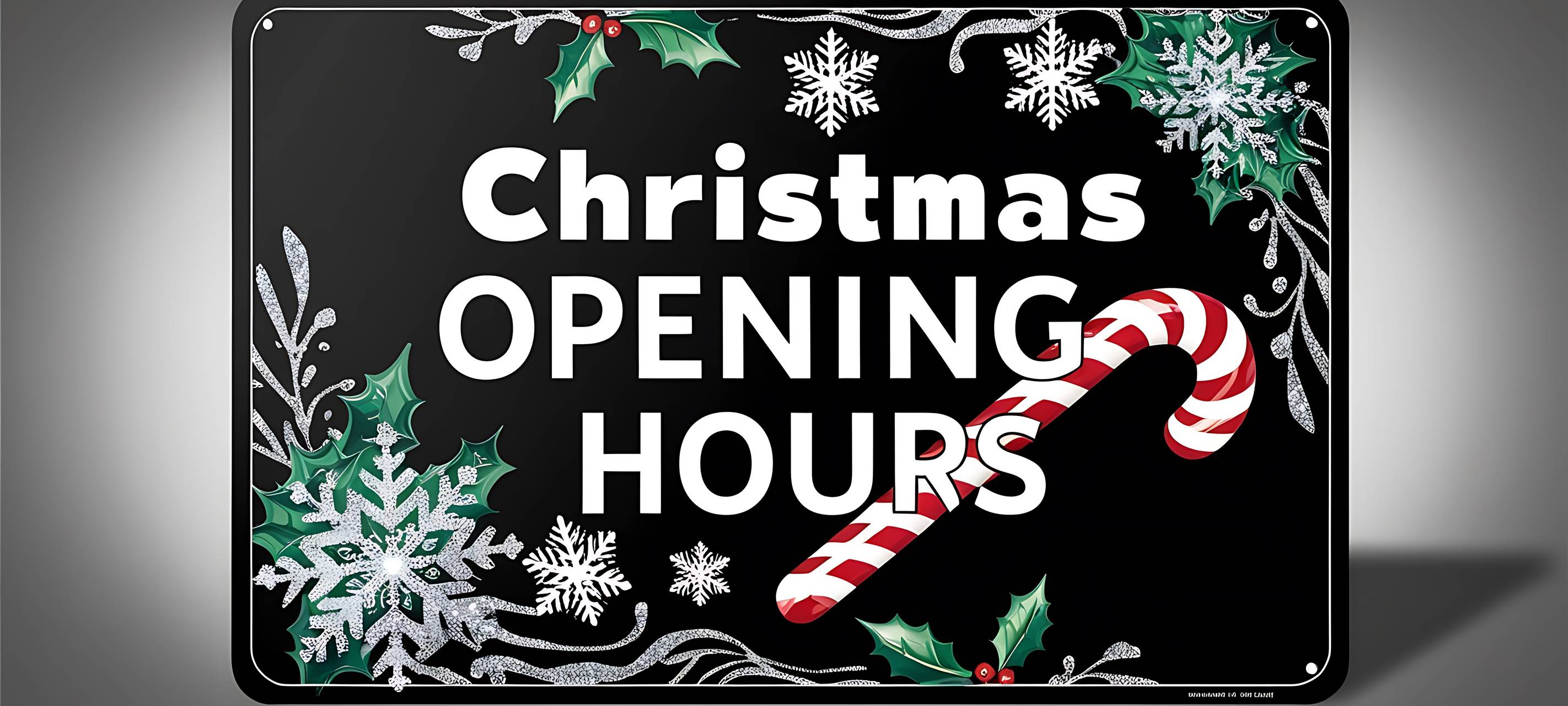 Schwarzes Schild mit weißer Aufschrift „Weihnachtliche Öffnungszeiten“ und Zuckerstangen-Dekoration, als Türschild oder Banner, im festlichen Design, KI-generiert.