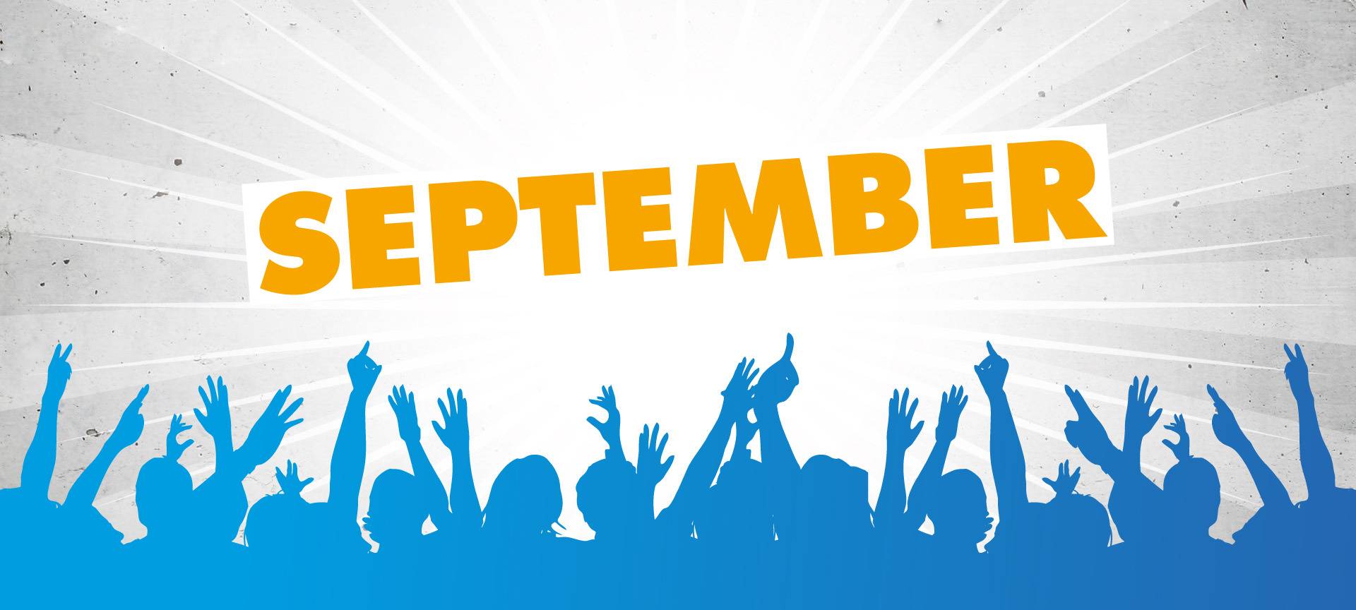 Eine jubelnde Menschenmenge in blauer Comic-Optik. Darüber in Gelb der Schriftzug "September".
