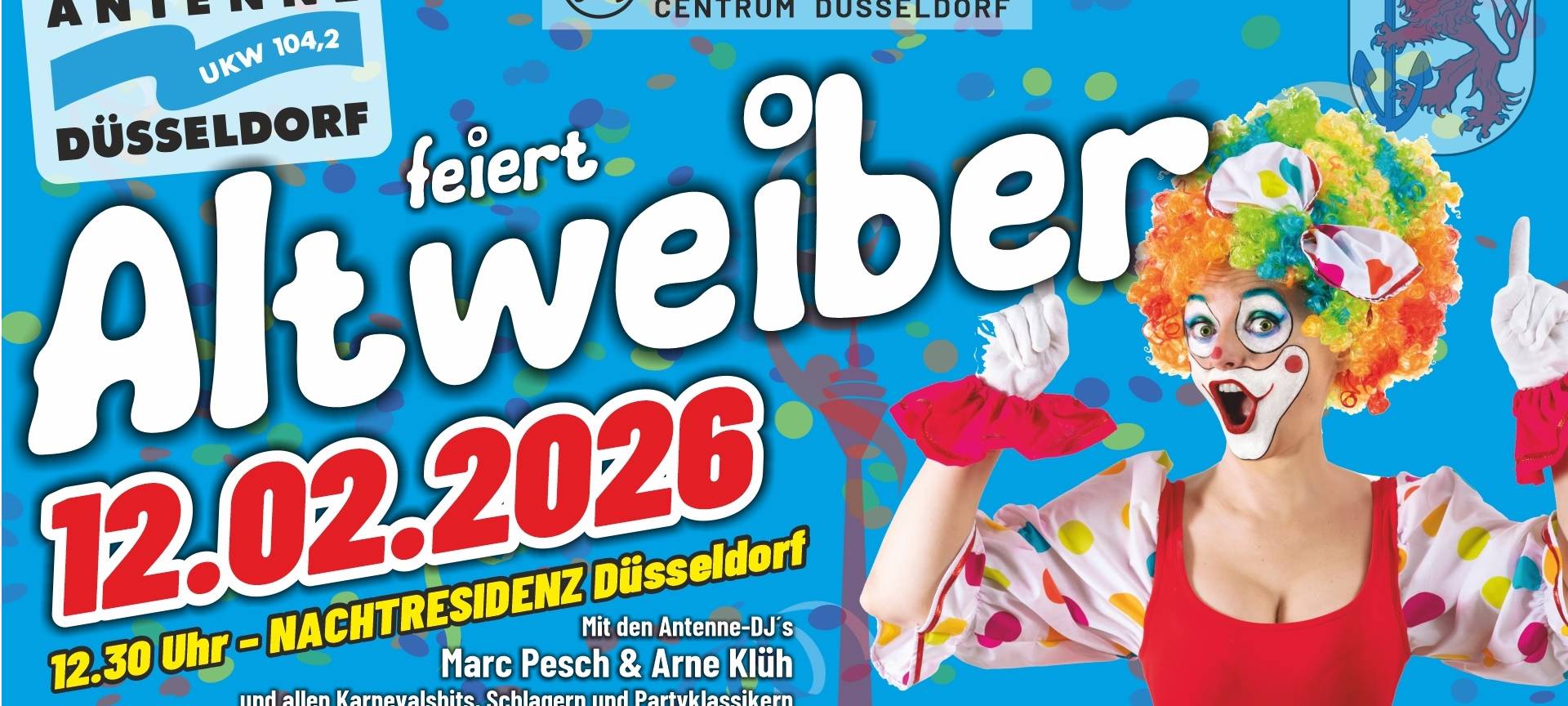 Ein Werbebanner mit allen Infos zur Altweiber-Party von Antenne Düsseldorf.